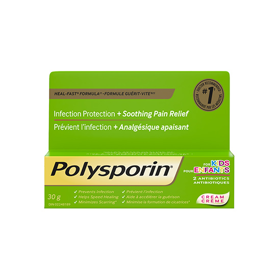 Crème POLYSPORIN® pour enfants avec formule GUÉRIT-VITE®, protection contre l’infection et soulagement de la douleur, 30 g.