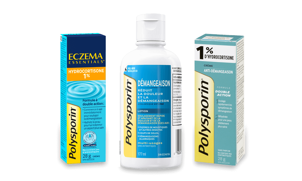 Image illustrant trois produits POLYSPORIN® contre l’eczéma et la démangeaison