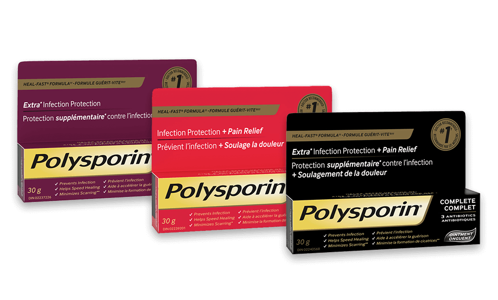 Image illustrant trois produits antibiotiques POLYSPORIN® (onguents et crème), en format de 30 g.